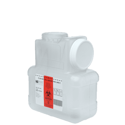 Front view of 1 gallon clear translucent sharps container