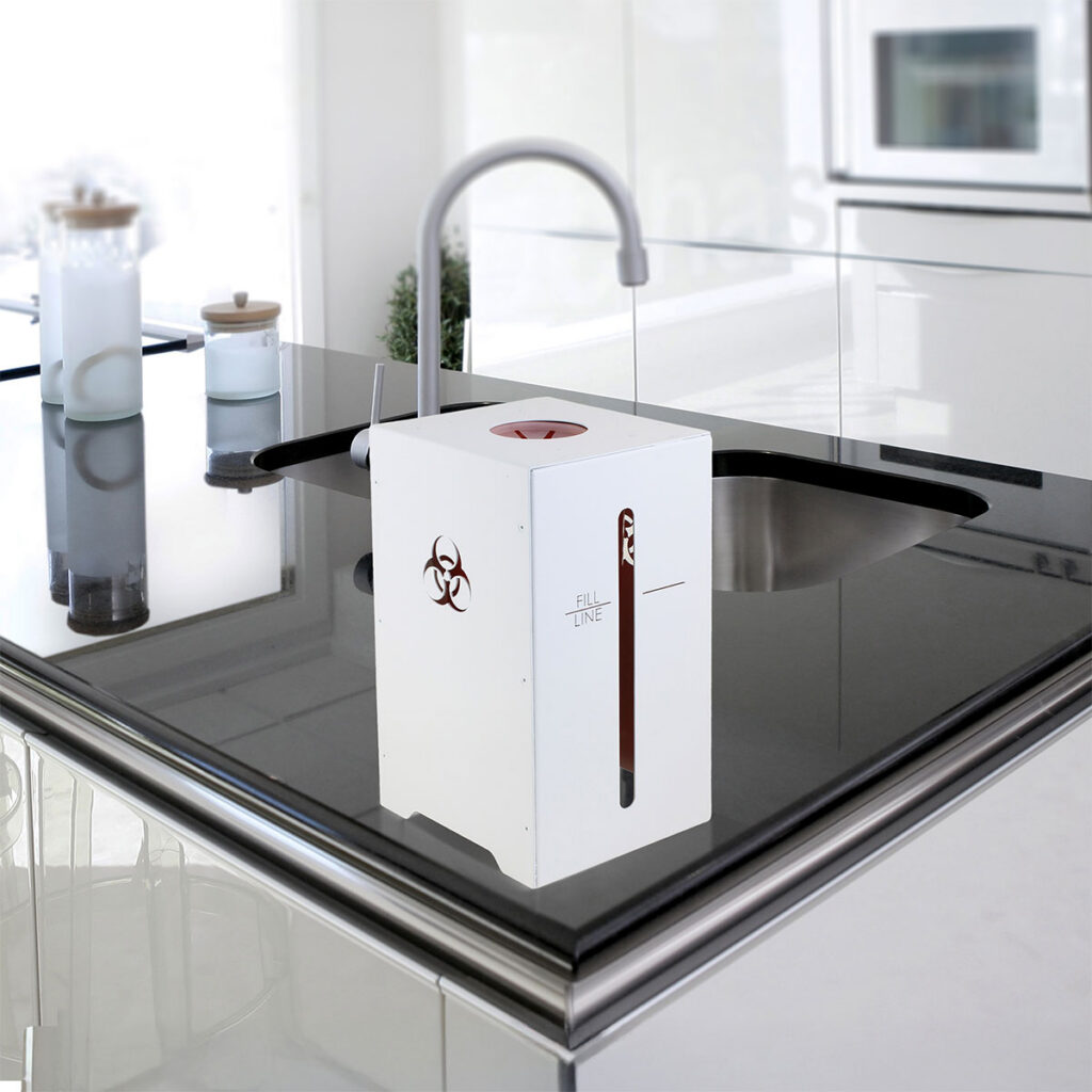 Table top sharps container in a kitchen